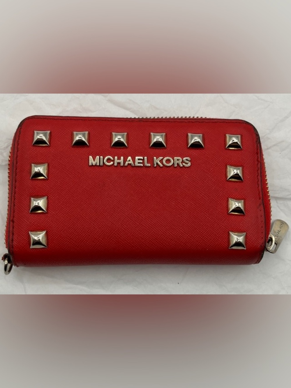 💜Michael Kors Red Wallet with Silver Accents STUDS ( flaws)